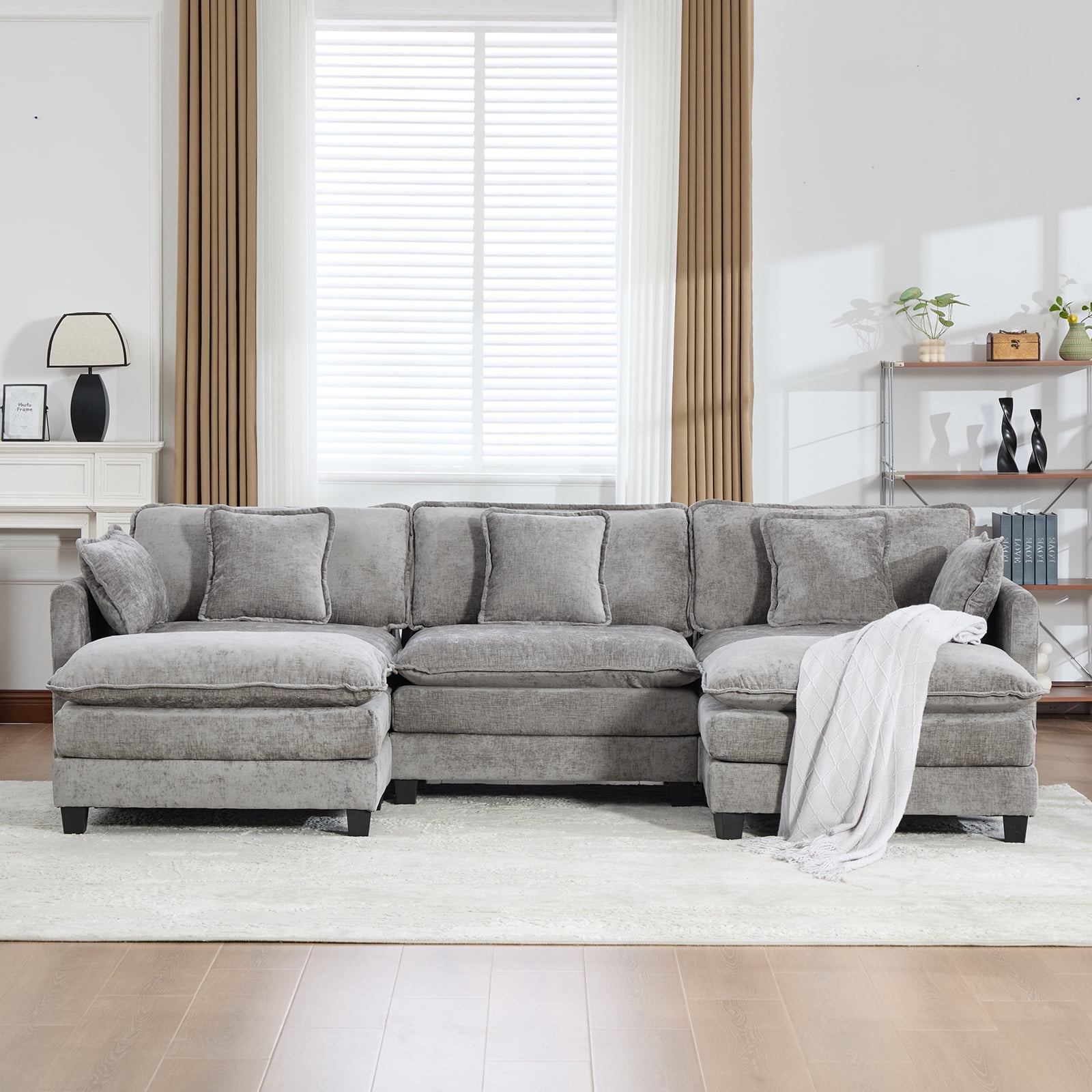111.5” Gray Modular Sofa, 3 Seater U Shaped Chenille Sectional for Living Room, Cloud Couch with Ottoman, Sofá moderno