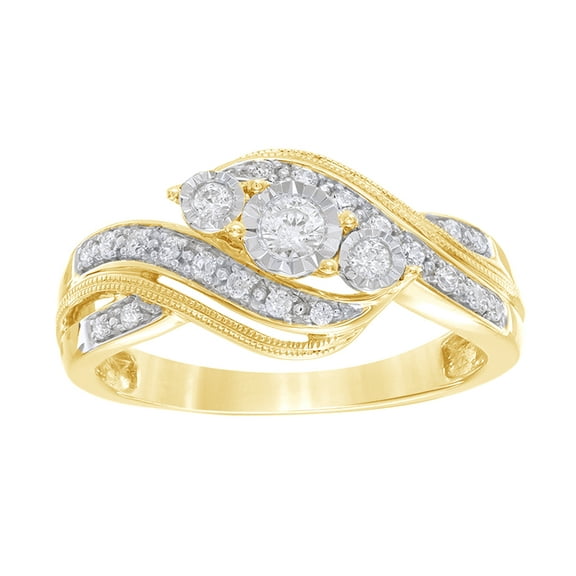 AFFY White Natural Diamond Vintage-Style Three Stone Bypass Promise Ring in 10k Yellow Gold