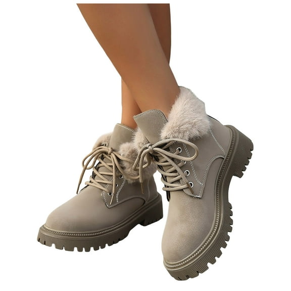 Waterproof Snow Boots for Women Fuzzy Furry Lined Lace up Lug Sole Winter High Top Fold Over Combat Booties
