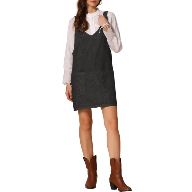 Vestido mini de mezclilla sin mangas para mujer Inspire Chic, con tirantes ajustables, color negro