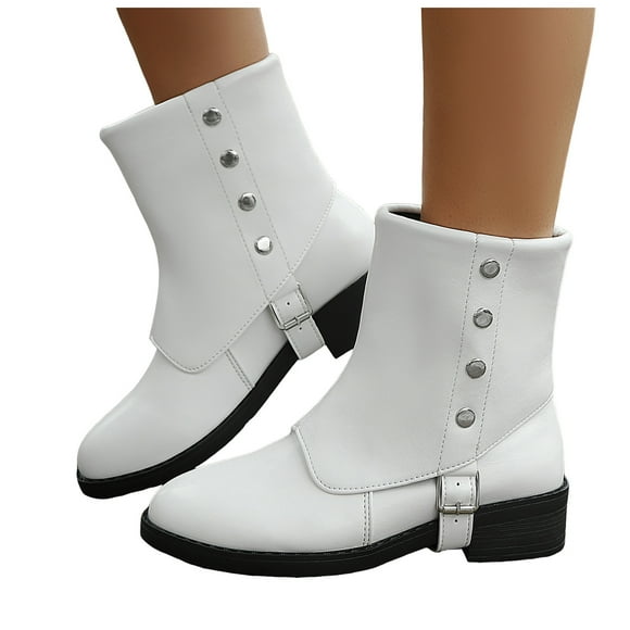 Fold over Mid Calf Combat Boots for Women 2025 Roman Vintage Studded Leather Foldover Riding Boots White Size 9.5