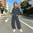thumbnail image 2 of OSOLU Girls 2 Piece Set Solid Color Front Pocket Hoodie and Drawstring Wide Leg Pants Daily Outfit Dark Gray, 2 of 4