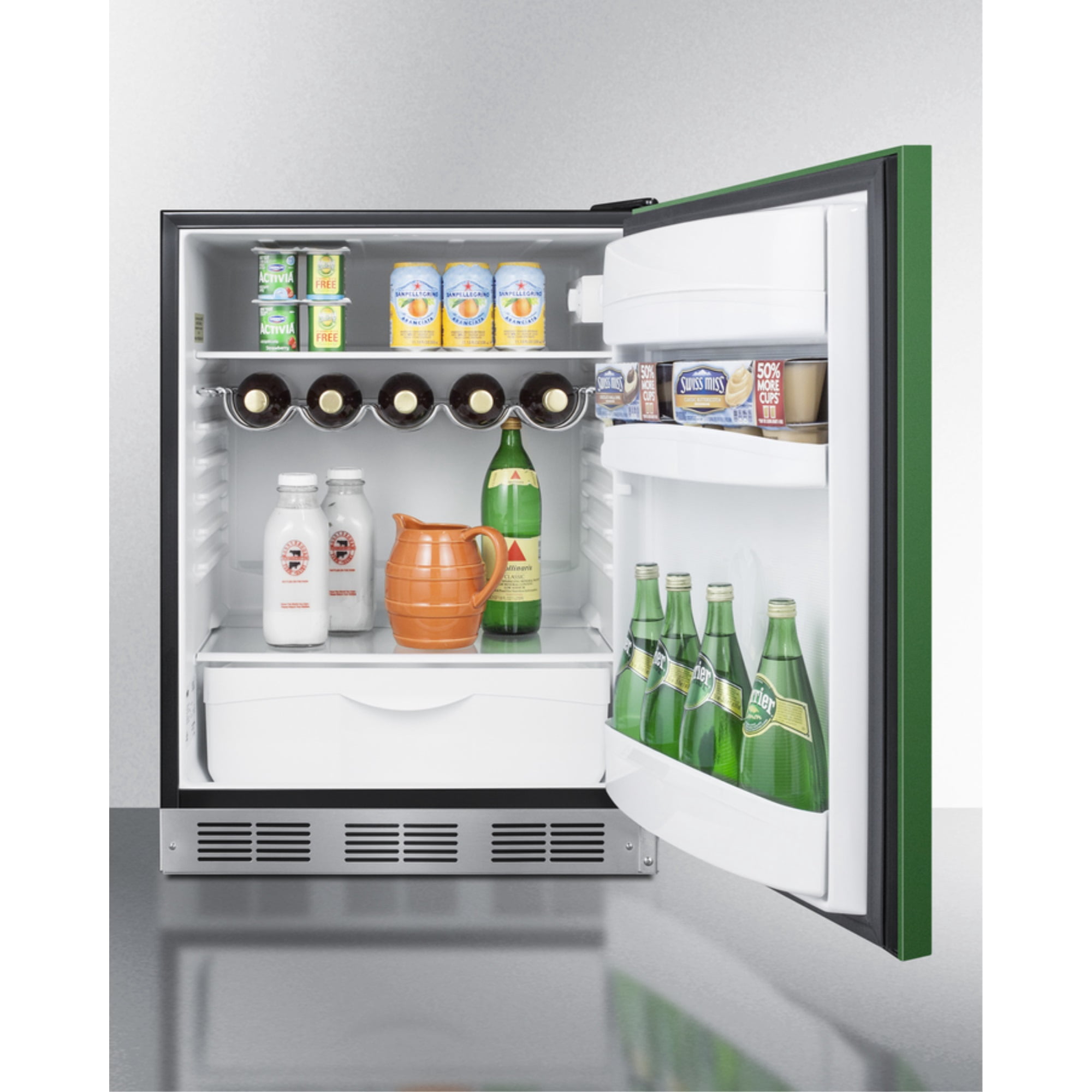 Undercounter 24 Inches all-refrigerator for residential use with emerald green door, stainless steel handle, and black cabinet