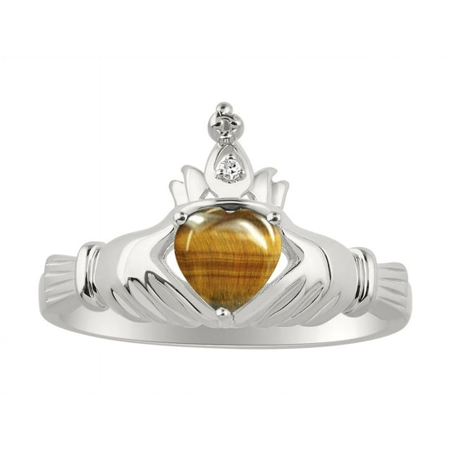 RYLOS Rings Sterling Silver Claddah Love, Loyalty & Friendship Ring Heart 6MM Gemstone & Diamond Claddagh Rings Tiger Eye Jewelry Size 5