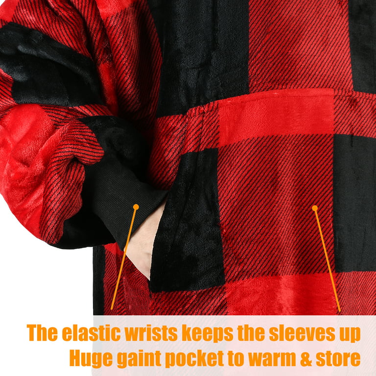 Hoodie Oversized Blanket Sherpa Fleece Ultra Giant Comfy Hooded Sweatshirt  Red Black Grid Adult .-1