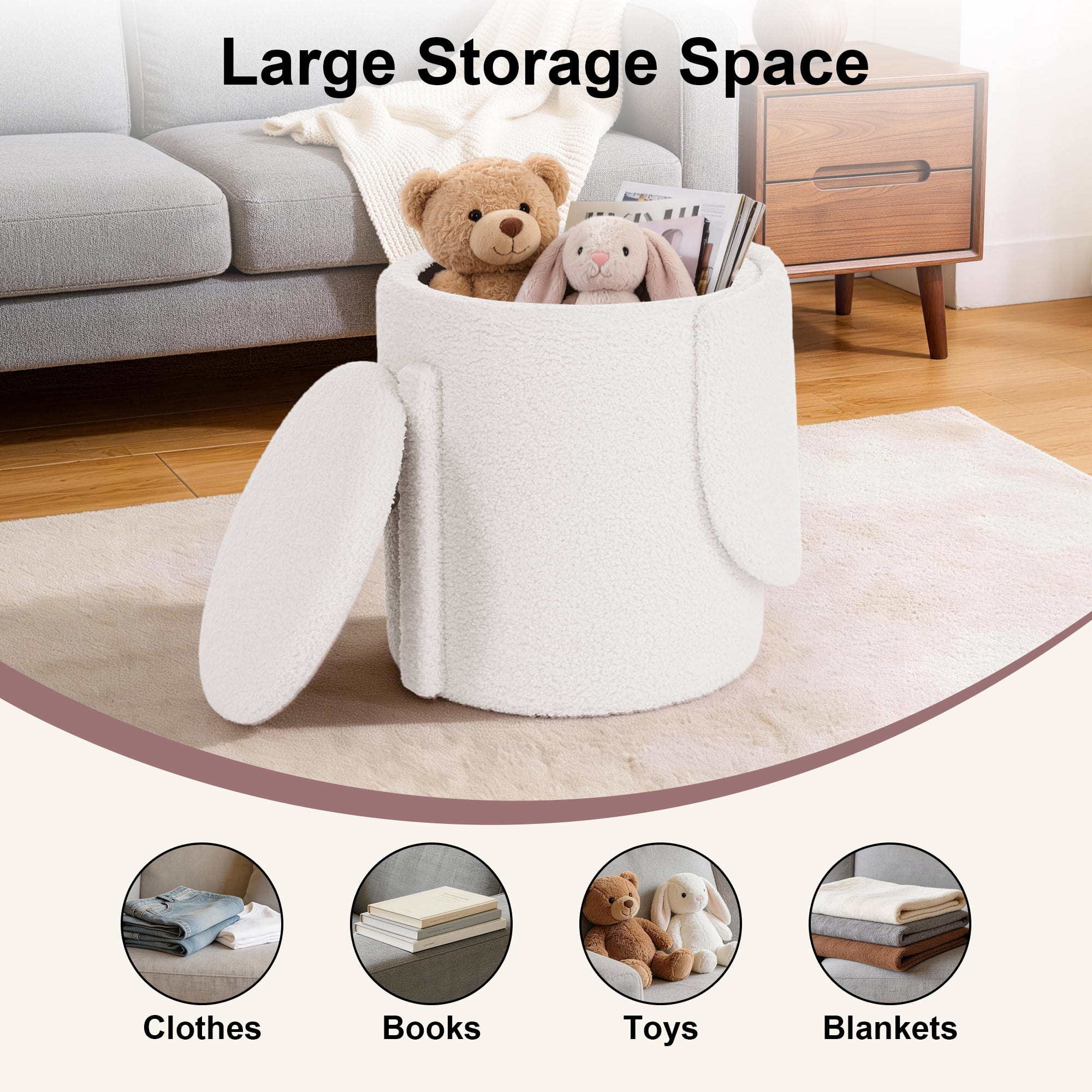 GEEYOO Modern Round Vanity Storage Stool,Sherpa Upholstered Ottoman with Foldable Backrest and Removable Lid,Comfy Makeup Stool for Bedroom Living Room,Beige