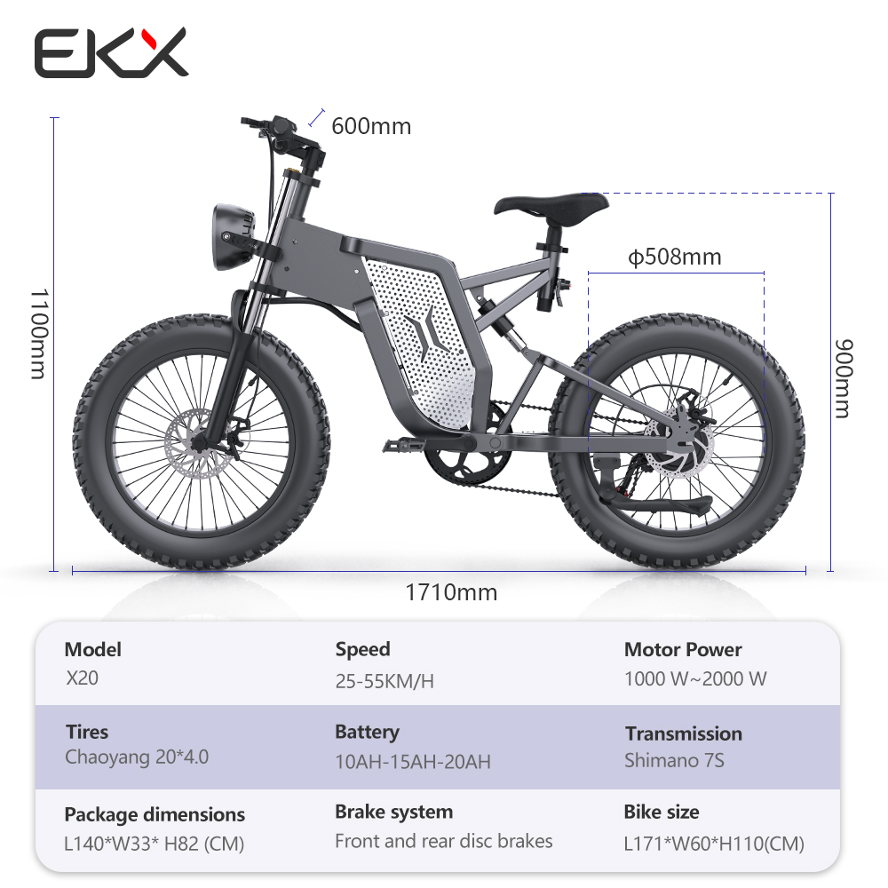 EKXBIKE X20 2000W 48V 35Ah Removable Battery Mountain Bike，MTB Electric Bike for Adults 20" Fat Tire Electric Motorcycle,Full Suspension Electric Bicycle UL2849