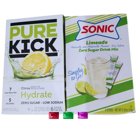 Pure Kick Citrus Hydration Drink Mix and Sonic Limeade, 12 Total Servings 2 Boxes, Low Calorie Zero Sugar Flavored Water Beverage Packet with Snoep in Beperkte Oplage