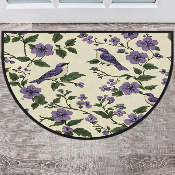 CURLYOOT Bird Half Round Door Mat 40'' x 63'', Indoor Outdoor Entrance Rug, Semi Circular Area Rug, Non Slip Washable Absorbent Doormat, Watercolor Blossom Flowers Laundry Room Rug