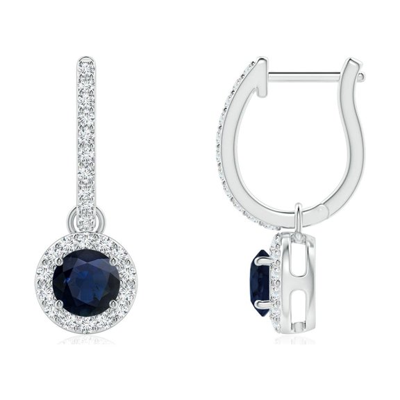 ANGARA Natural Blue Sapphire Dangle Earrings with Diamond Halo in 14K White Gold for Women (Size-4mm) | September Birthstone, Anniversary, Jewelry Gift for Women | Natural Blue Sapphire Earrings