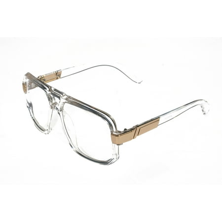 V.W.E. Classic Square Frame Plastic Flat Top Aviator Glasses /w Metal Trimming and Clear Lens