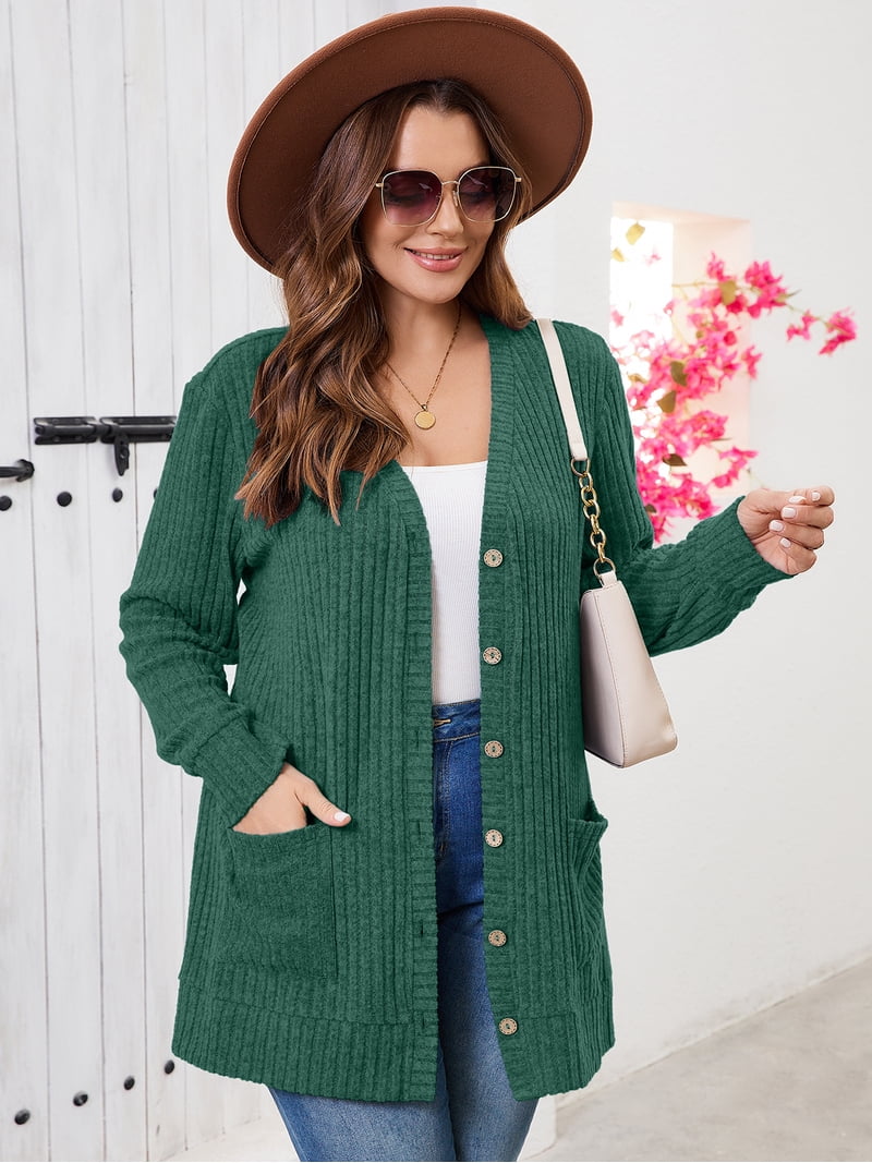 SHOWMALL Women's Plus Size Open Front Cardigan, Dark Green 3X