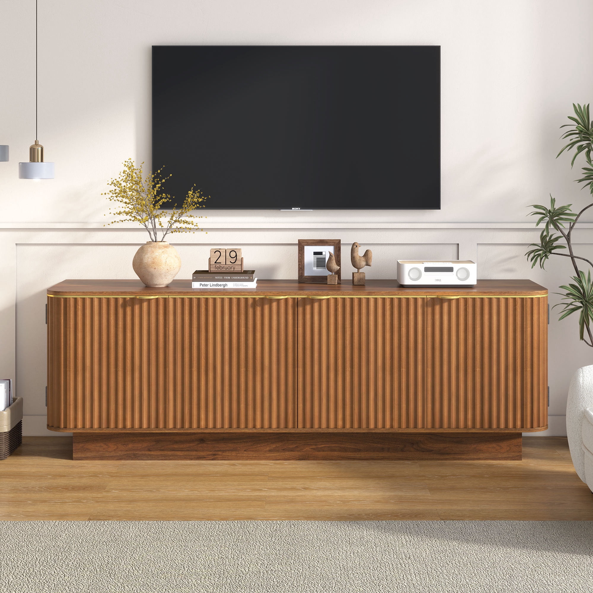 Leumius 70 Inch Modern TV Stand, Fluted Wood Media Console with Adjustable Shelves and Cable Holes, Entertainment Center with Storage Cabinets for Living Room Brown