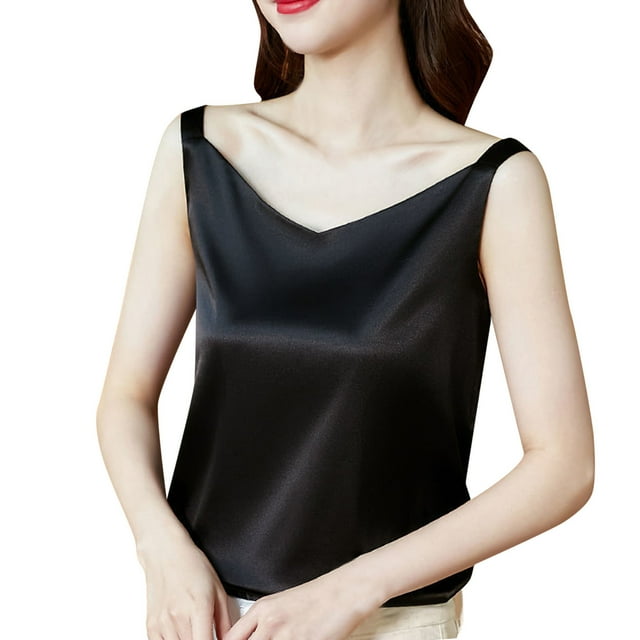 MIASHUI Womens Silk Tank Tops Camisole Sleeveless V Neck Simple Clothing,Black,L