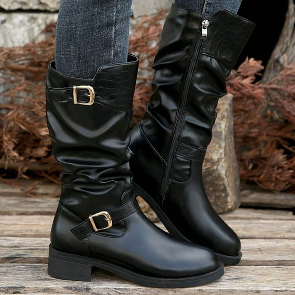 Bnwani Women Boots Footwear Winter Fashion Pile Toe Thick Chunky Mid-Calf Casual Knight Boot Black Size 5.5