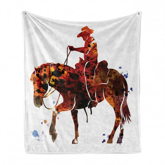 Western Horse Soft Flannel Fleece Blanket, Watercolor Cowboy Silhouette Doing Horseback Riding in Wild West, Cozy Plush for Indoor and Outdoor Use, 50" x 60", Burgundy and Multicolor, by Ambesonne