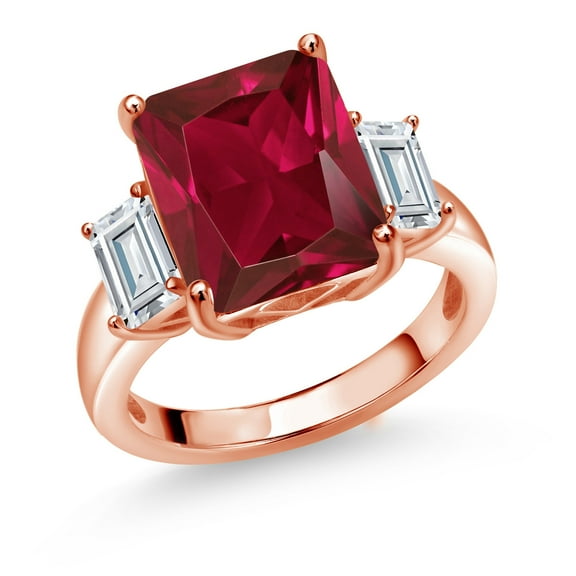 Gem Stone King 18K Rose Gold Plated Silver 3-Stone Ring Octagon Red Created Ruby and Moissanite (6.84 Cttw, Size 8)