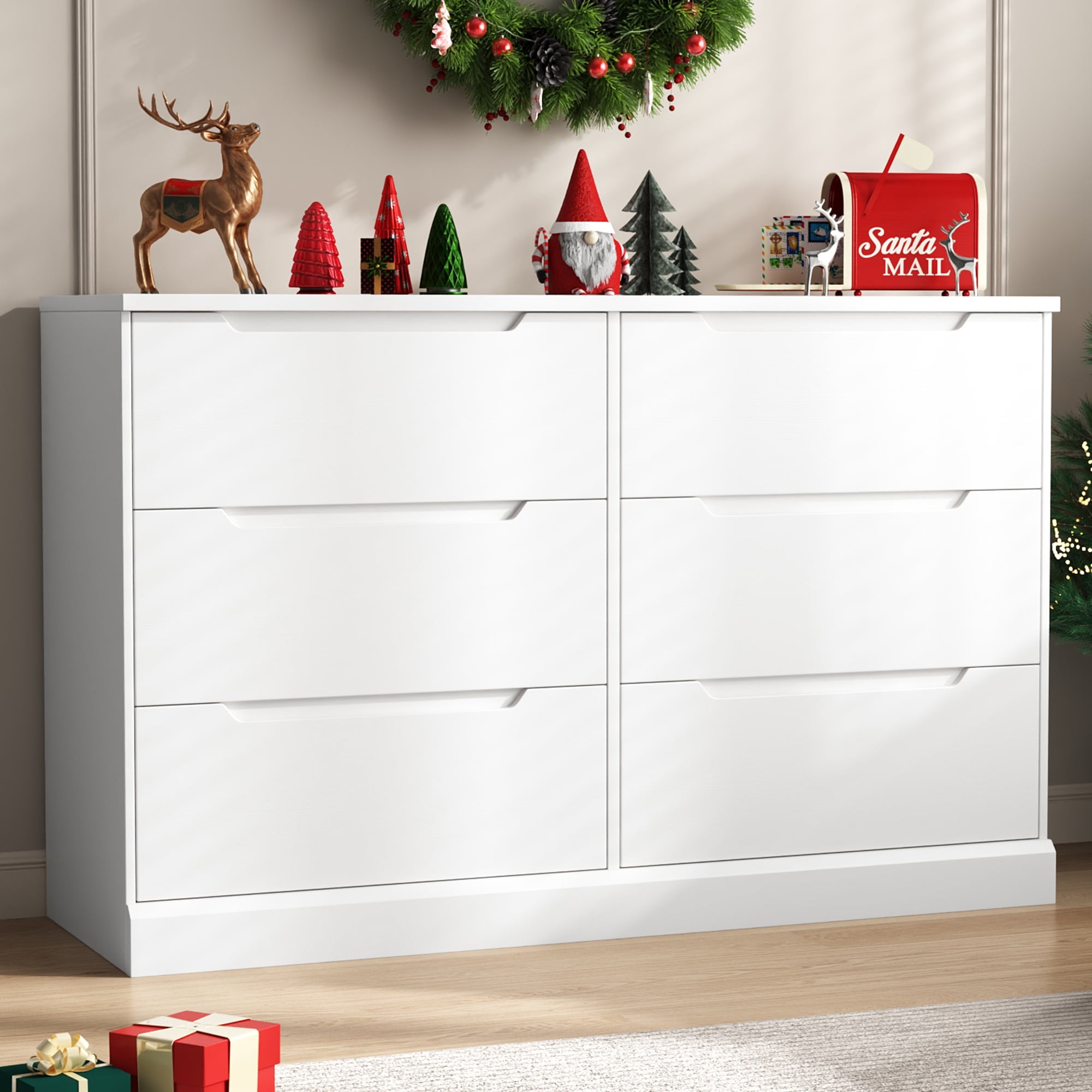 White Dresser 6 Drawer Dresser for Bedroom Modern Wooden Closet Double Dresser Closet Living Room Hallway Entryway Dressing Room