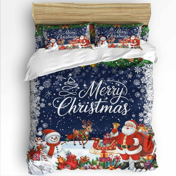 Merry Christmas Twin Size Comforter Set, Santa Elk Snowman Winter Snowflake Navy Blue Bedding for All Seasons, 4 Pcs Bed Set with 1 Comforter (68"x86") ,1Sheet(66"x116"), 2 Pillowcases (19"x29")