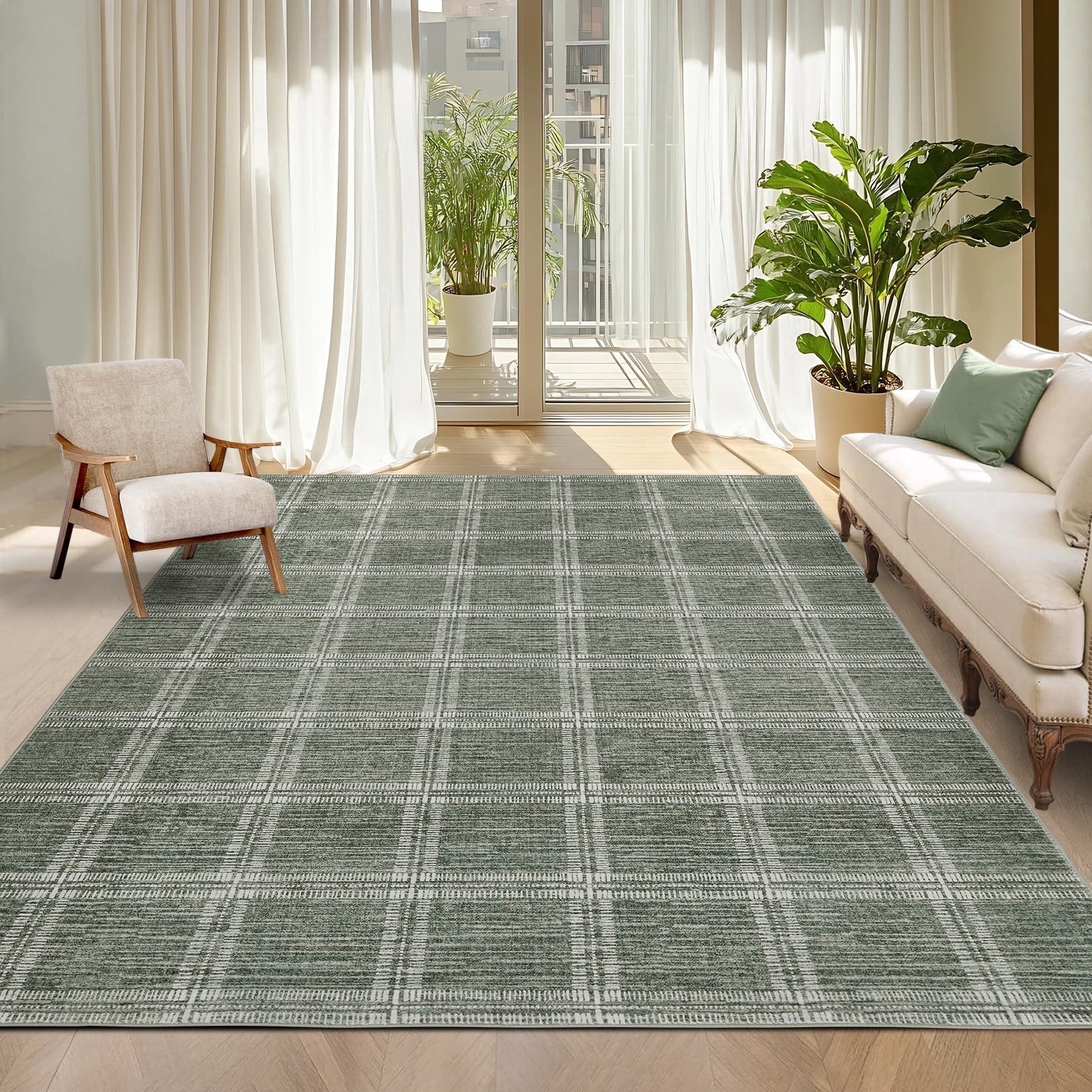 Garvee 8'x10' Area Rug Modern Striped Geometric Carpet, Washsble Plaid Rug Non Slip Stain Resistant Indoor Floor Mats for Living Room Bedroom Dining Room, Green