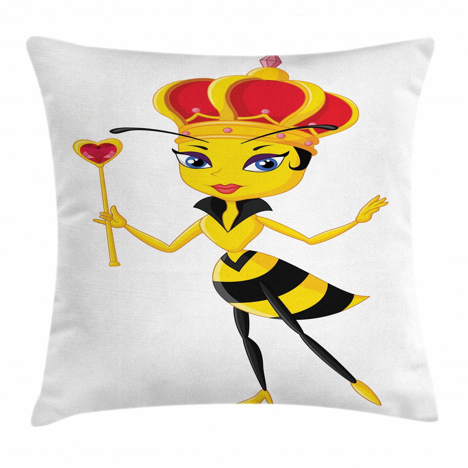Queen Bee Throw Pillow Cushion Cover, Cartoon Style Bee with Crown and