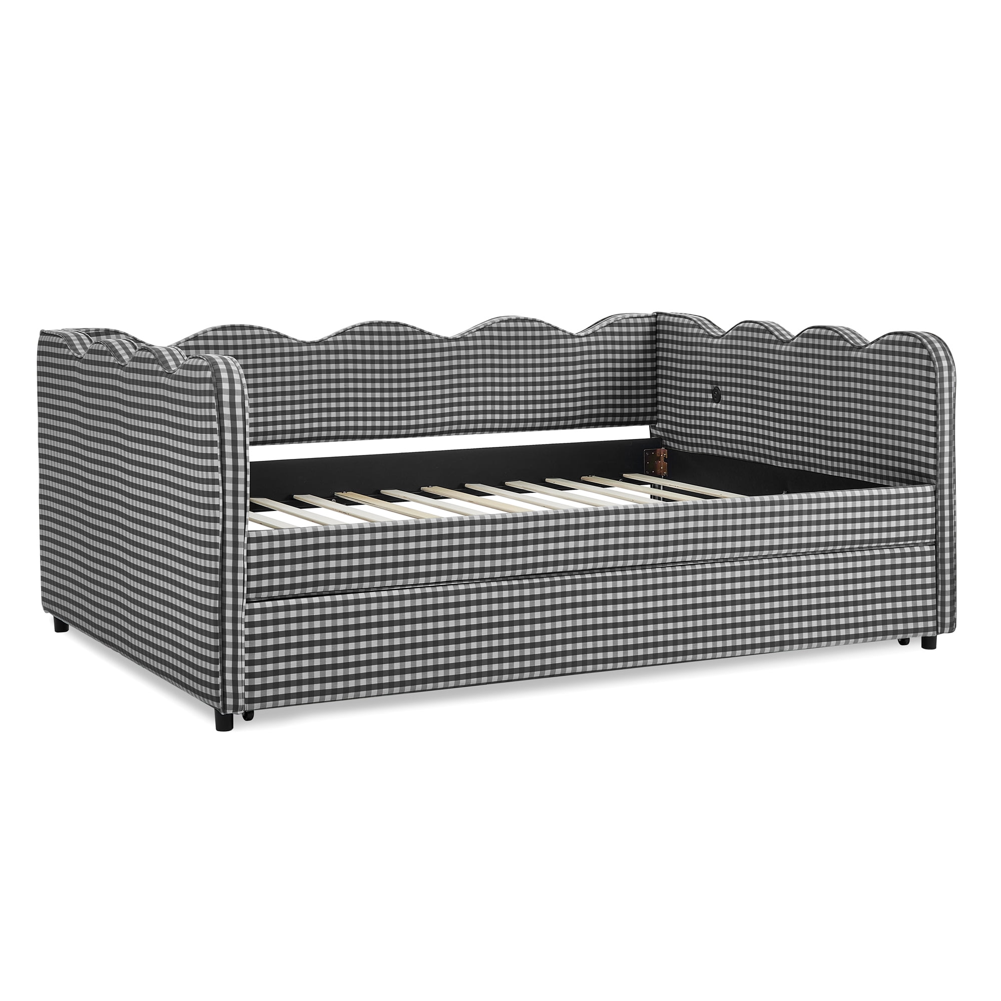 T-Serenity Gingham Daybed with Adjustable Trundle & USB Port, Wave-Shaped Full Size Sofa Bed, No Box Spring Needed, Black