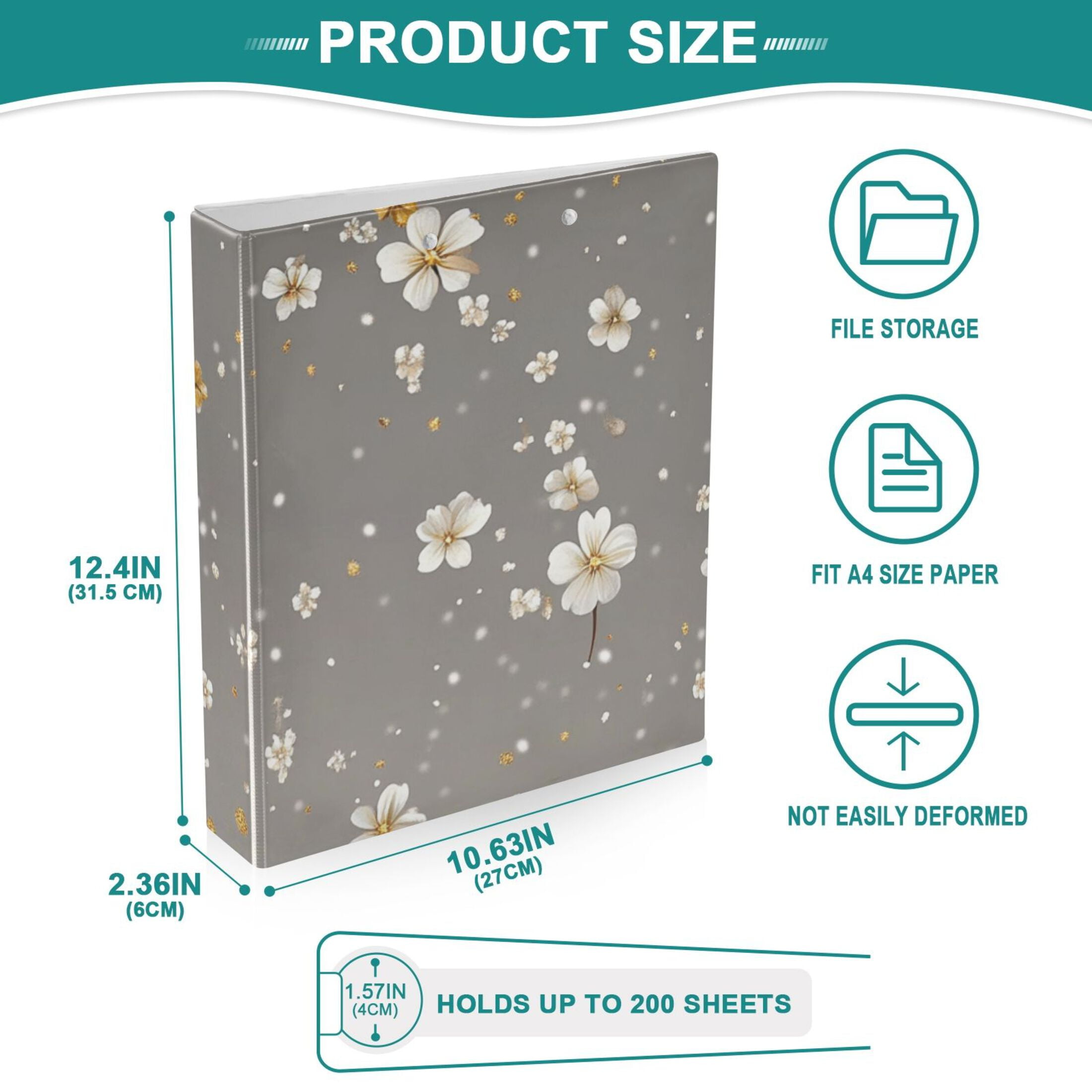 White Flowers in Gray 3 Ring Binders 1.5 inch Hardcover File Folders with Interior Pockets A4 Size Organizer for School Office Hospital