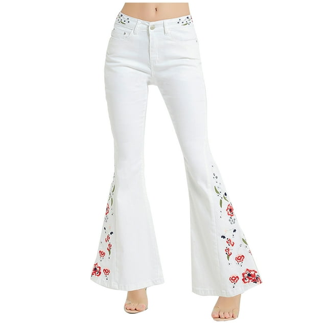 Womens Floral Daisy Embroidered Mid Rise Bell Bottom Flare Frayed Hem Jeans