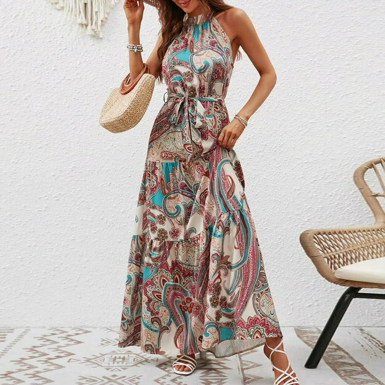 Uuszgmr Prom Dresses For Women 2024 Sleeveless Maxi Dresses Halter Floral  Print Elegance Boho Long Party Dress Sweet Clothes Beige,Xl