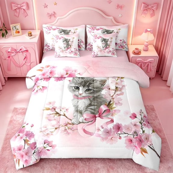 meiyoeat Cherry Blossom Kitten Theme 7-Piece Twin Bedding,Gray Cute Cat Print Bedding Comforter Set For Girl,Reversible