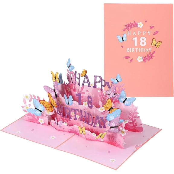 18th Birthday Card Funny, Happy Sweet 18 Years Old 3D Flower and Butterflies Greeting Card with Envelope for Women, Friends, and Party Gift, Pink