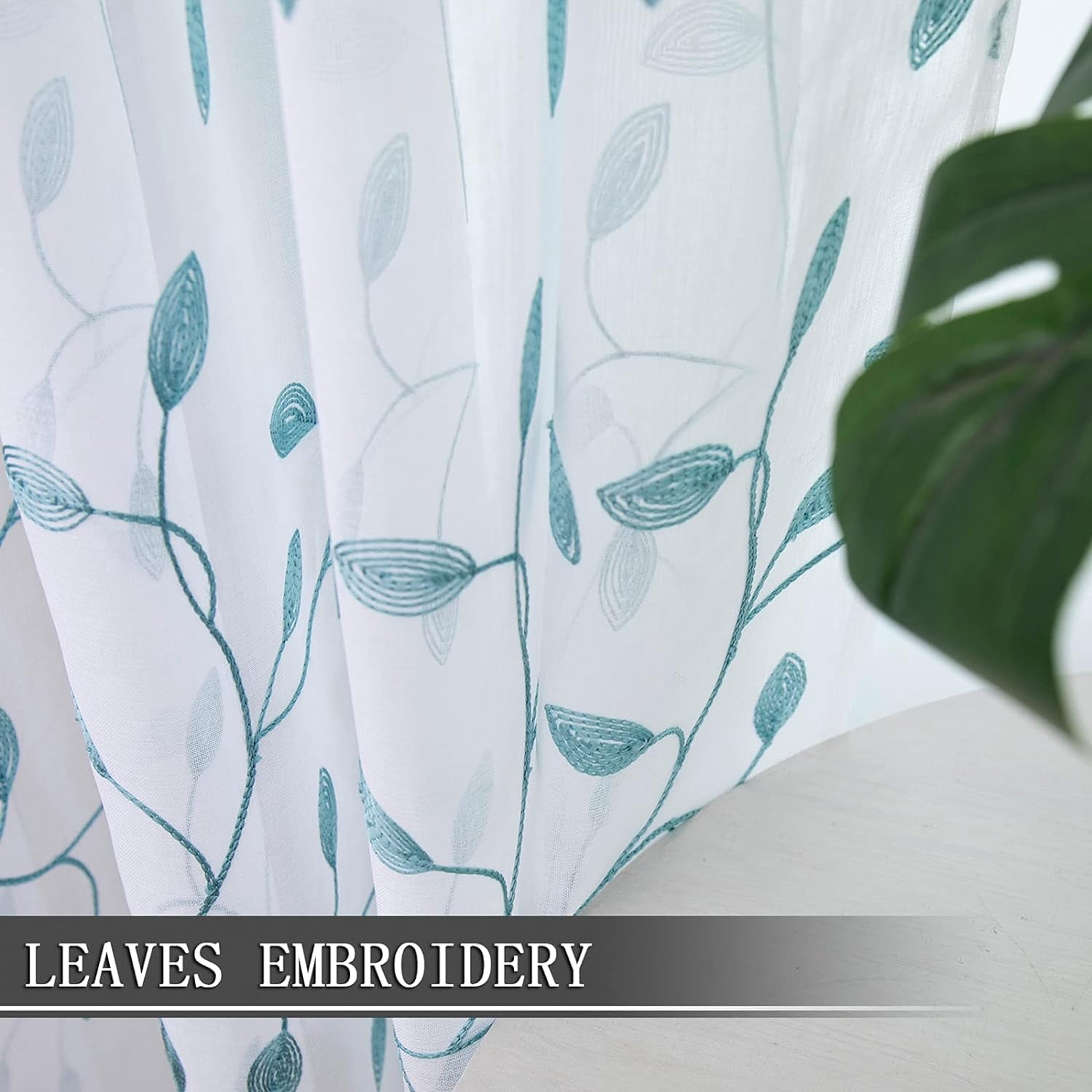Sunyuer Leaves Short Sheer Curtains Teal Blue Leaf Embroidery Curtain Rod Pocket Voile Faux Linen Embroidered Leaves Curtains for Bedroom Living Room, 52W X 72L inch, Set of 2 Panels, Teal Blue