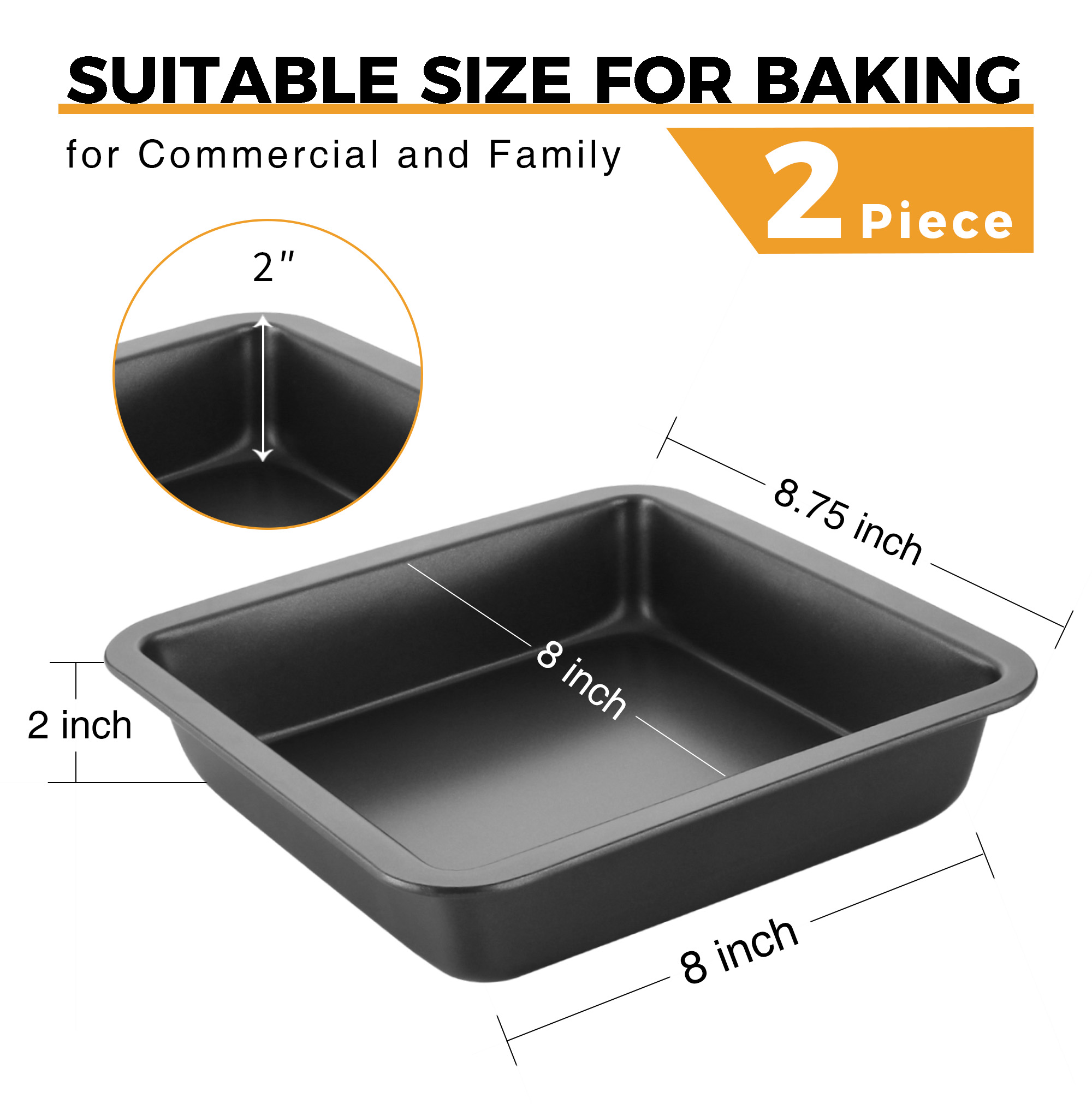 HONGBAKE 8X8 BAKING PAN SET, NONSTICK BROWNIE PAN WITH WIDER GRIPS, 2 PIECES SQUARE CAKE PAN, HEAVY DUTY, GREY