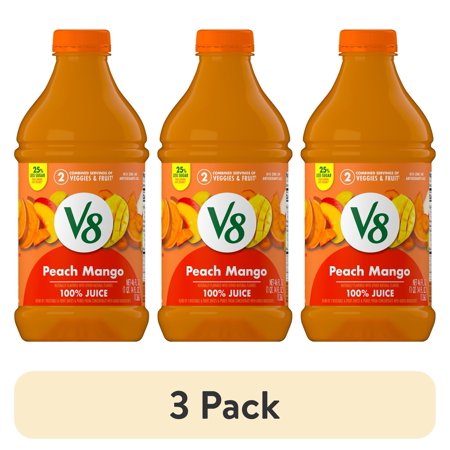(3 pack) V8 Peach Mango 100% Fruit and Vegetable Juice, 46 fl oz Bottle
