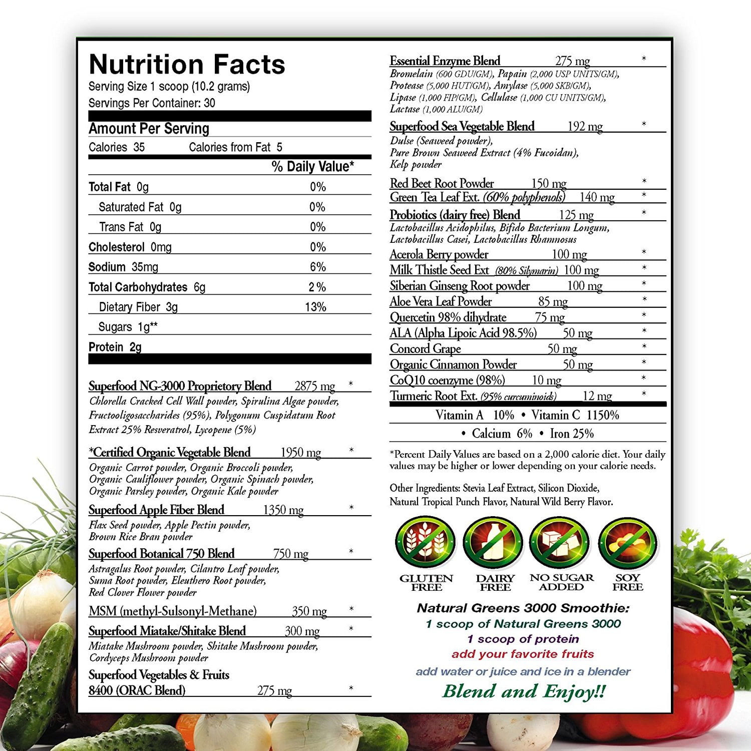 Natural Greens Powder Drink Super Food with Certified Organic Ingredients. 50+ Gluten Free Vegetarian Plant-Based Superfoods + Probiotics, Digestive Enzymes Great Tropical Flavor, 30 servings