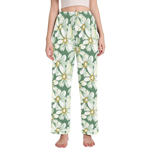 Dailycode Women's Pajama Pants Wide Leg Lounge Pj Bottoms With Pockets Vintage White Daisies