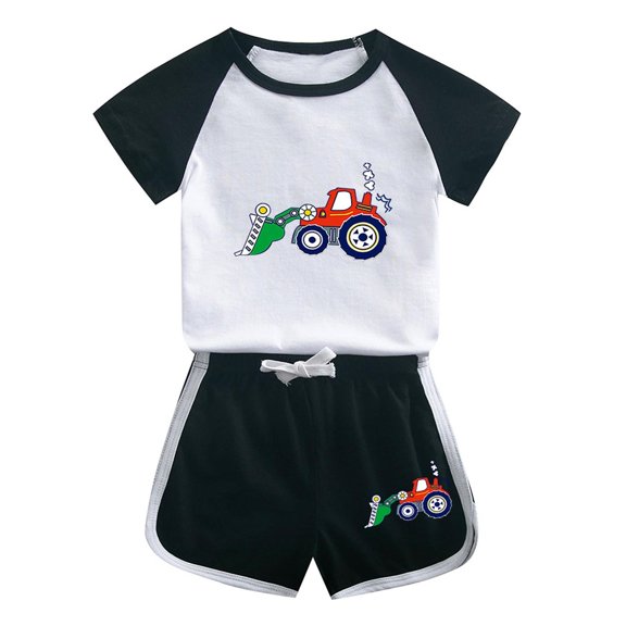 Odeerbi 1-12 Years Toddler Boys Girls Summer Outfits Excavator Truck Print Cotton Short Sleeve T-Shirt Shorts Two-piece Set Casual Loungewear Toddler Boys Girls Clothes