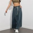 thumbnail image 2 of Plus Size Women's Elastic Waist Denim Maxi Skirt, Drawstring Loose A-line Casual Denim Midi Skirt, 2 of 5