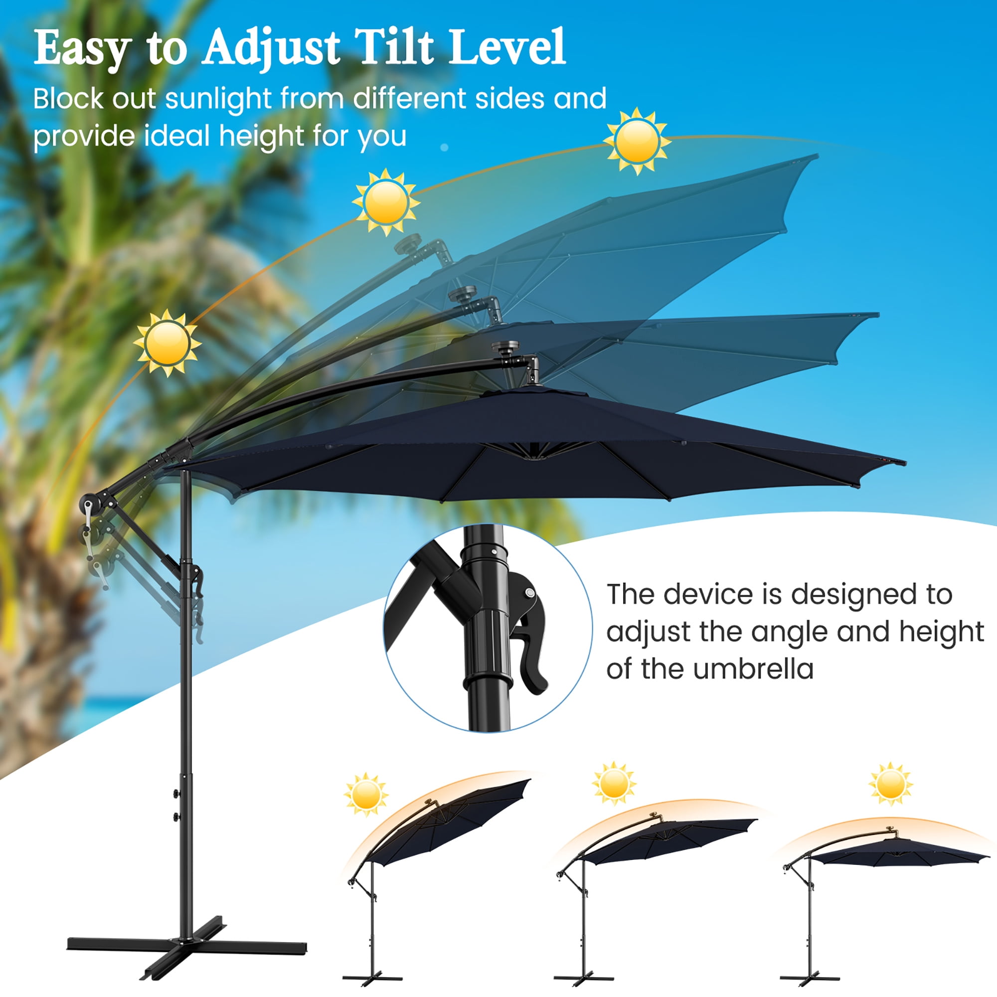Gymax 10 FT Offset Patio Umbrella Solar Powered Cantilever Umbrella w/ 112 LED Lights Navy