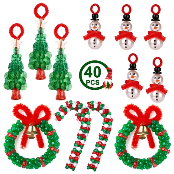 Naler 40PCS Christmas Crafts Beaded Ornament Kit - Including 10 PCS Snowman, 10PCS Tree, 10PCS Wreath, 10PCS Candy Cane, Xmas Holiday Party Tree Favor Decorations(Assembly Needed)
