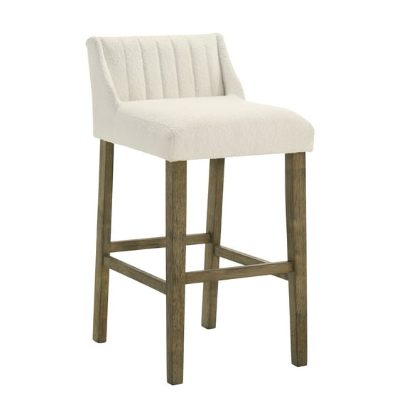 Fauna Modern Transitional Wood Bar Height Kitchen Bar Stool in Putty Brown Finish with White Boucle Fabric Upholstered Seat