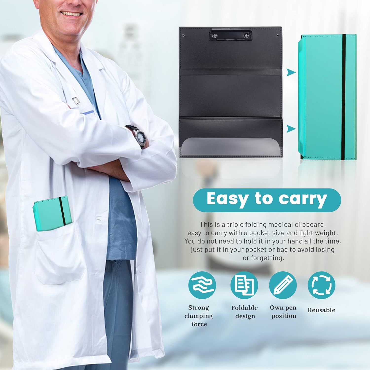 ABPETE Portable Foldable Nursing Clipboard, Folding Metal Clipboard Pocket Size Medical Student, Whitecoat Clipboard Nurse Edition Trifold, Occupational Therapy Clipboard for Doctors (Light Blue)