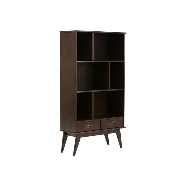 SIMPLIHOME Draper SOLID HARDWOOD 64 inch x 35 inch Mid Century Modern Wide Bookcase and Storage Unit in Medium Auburn Brown with 2 Drawers and 3 Shelves, for the Living Room, Study and Office
