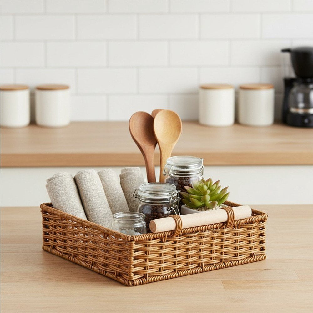 Hzzsbu Rattan Basket Handmade Woven Storage Baskets with Wooden Handle Rectangular Woven Baskets for Kitchen, Shelves