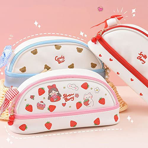 DanceeMangoo Pencil Bag Cute Strawberry Pattern Pencil Case Cartoon Pink  Pencil Bag with Bow School Stationery Supplies (White Strawberry) 