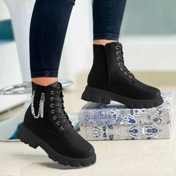 pasatiempo simplemente antiguo ZHAGHMIN Botas Para Mujer De Trabajo Ladies British Style Solid Color  Leather Chain Side Zipper Thick Soled Fashion Short Boots Round Toe Lace Up  Boots For Women Boots For Women Booties Studded