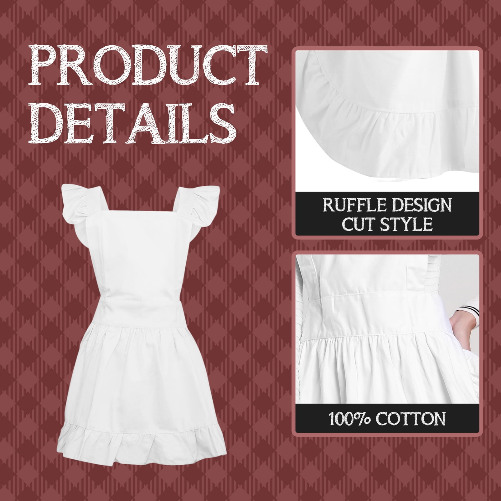 Aspire Retro Ruffle Apron, White Retro Apron for Women, Cotton