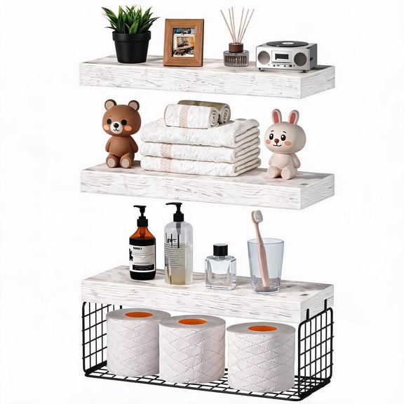 Wall Mounted Floating Shelves Toilet Paper Storage Small Farmhouse Decor Shelf 16 Inch Set Of 3,Bathroom Shelves Over Toilet -Hidden Installation
