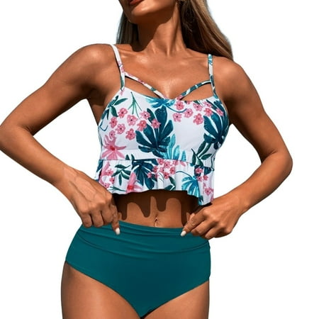 Two Piece Swimsuit For Women Fresh Printed Quick Drying Ruffled Strap Bikini Split Hot Pink Bathing Suits For Women L