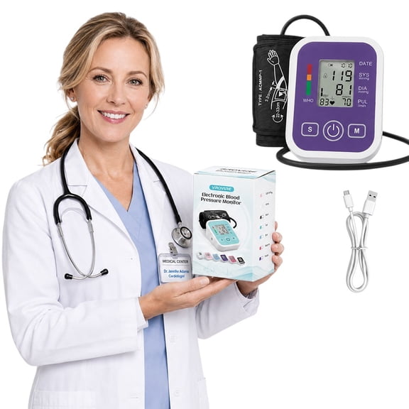 Upper Arm Blood Pressure Monitor for Home Use, Large LCD Display, Dual User Memory, Adjustable Cuff, Type-C & AAA Dual Power, Purple